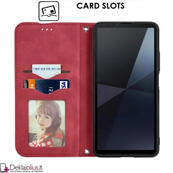 Dirbtinės odos atverčiamas dėklas su skyreliais - raudonas (Sony Xperia 10 VI) Dirbtinės odos atverčiamas dėklas su skyreliais - raudonas (Sony Xperia 10 VI)